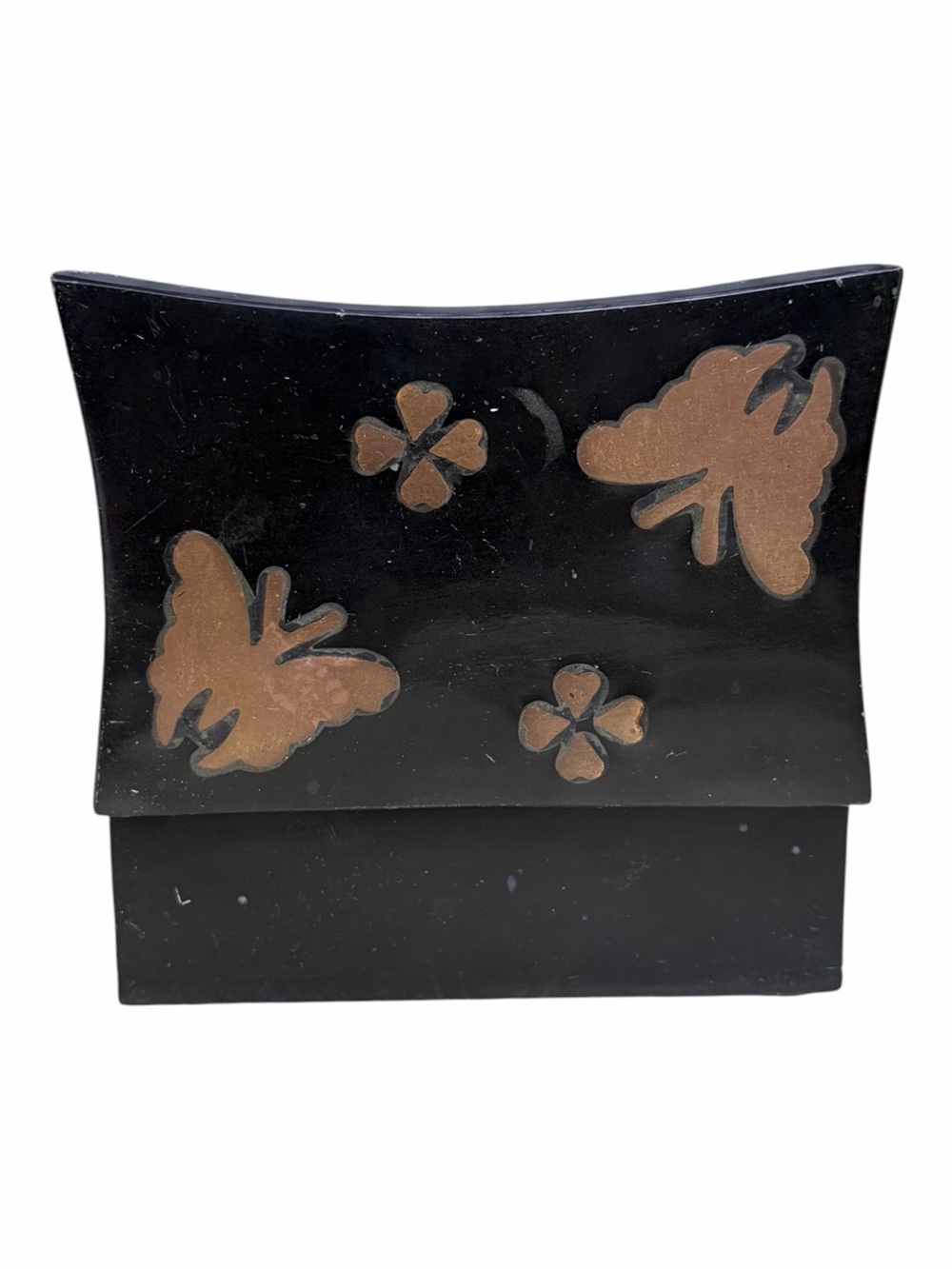 Vintage Black Marble Stone Butterfly Inlay Hinged Trinket Jewelry Box MCM Mod